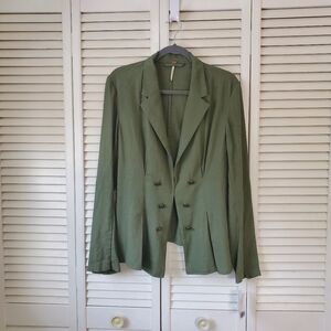 Free People Linen Blend Military Jacket Blazer Buttons Moss Green Women's L NWT